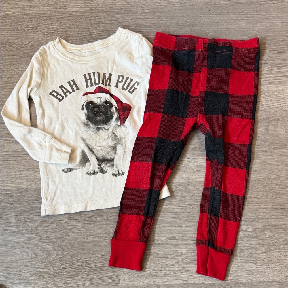 Old Navy Kids Pug Christmas Pajama Set - Cream and Red Plaid